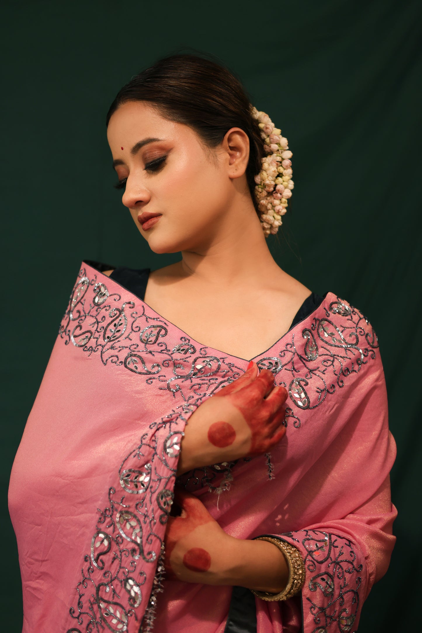 DUST PINK AND BLUE SHIMMER GEORGETTE SAREE - JHAROKHA