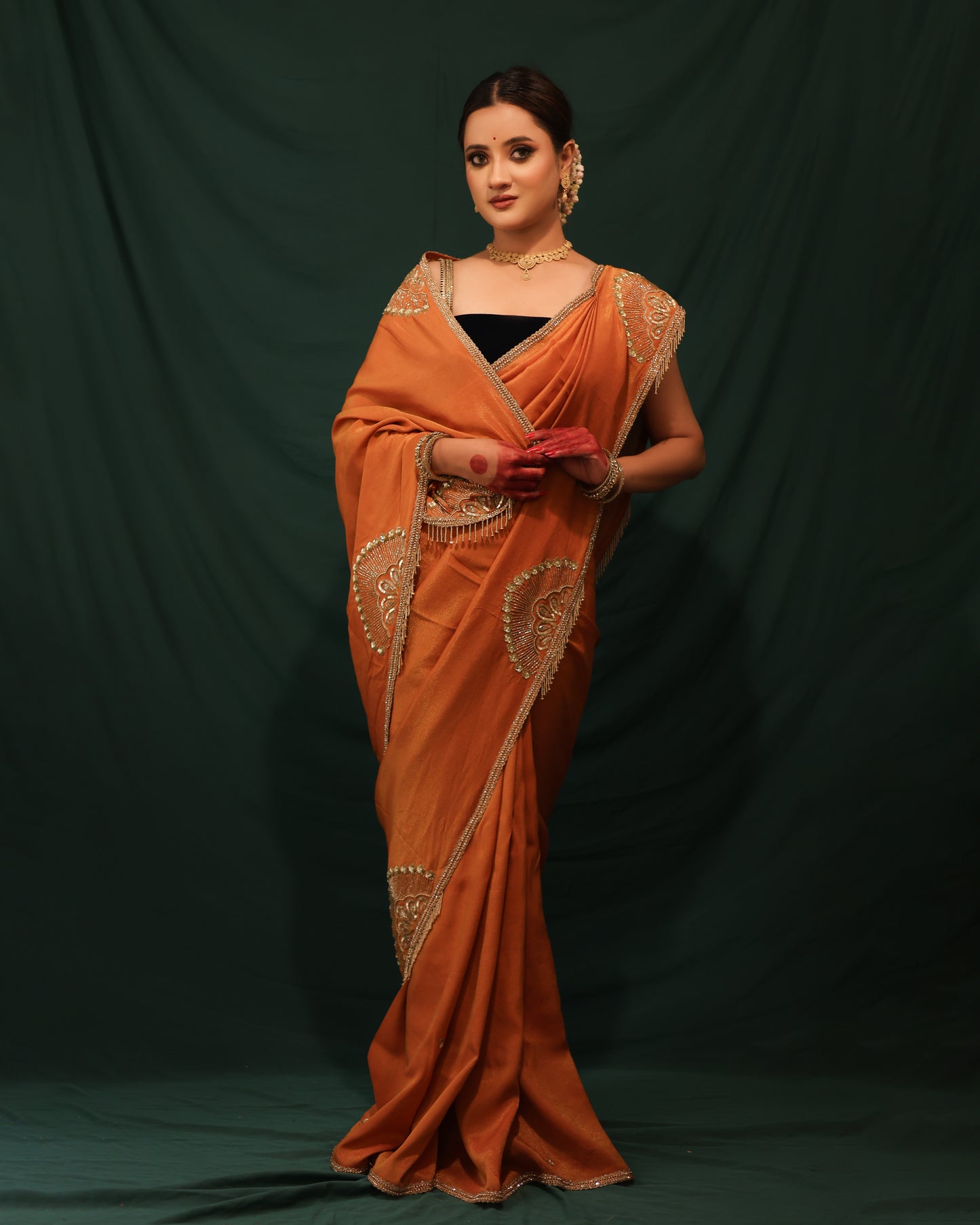 RUST ORANGE SHIMMER GEORGETTE SAREE - JHAROKHA