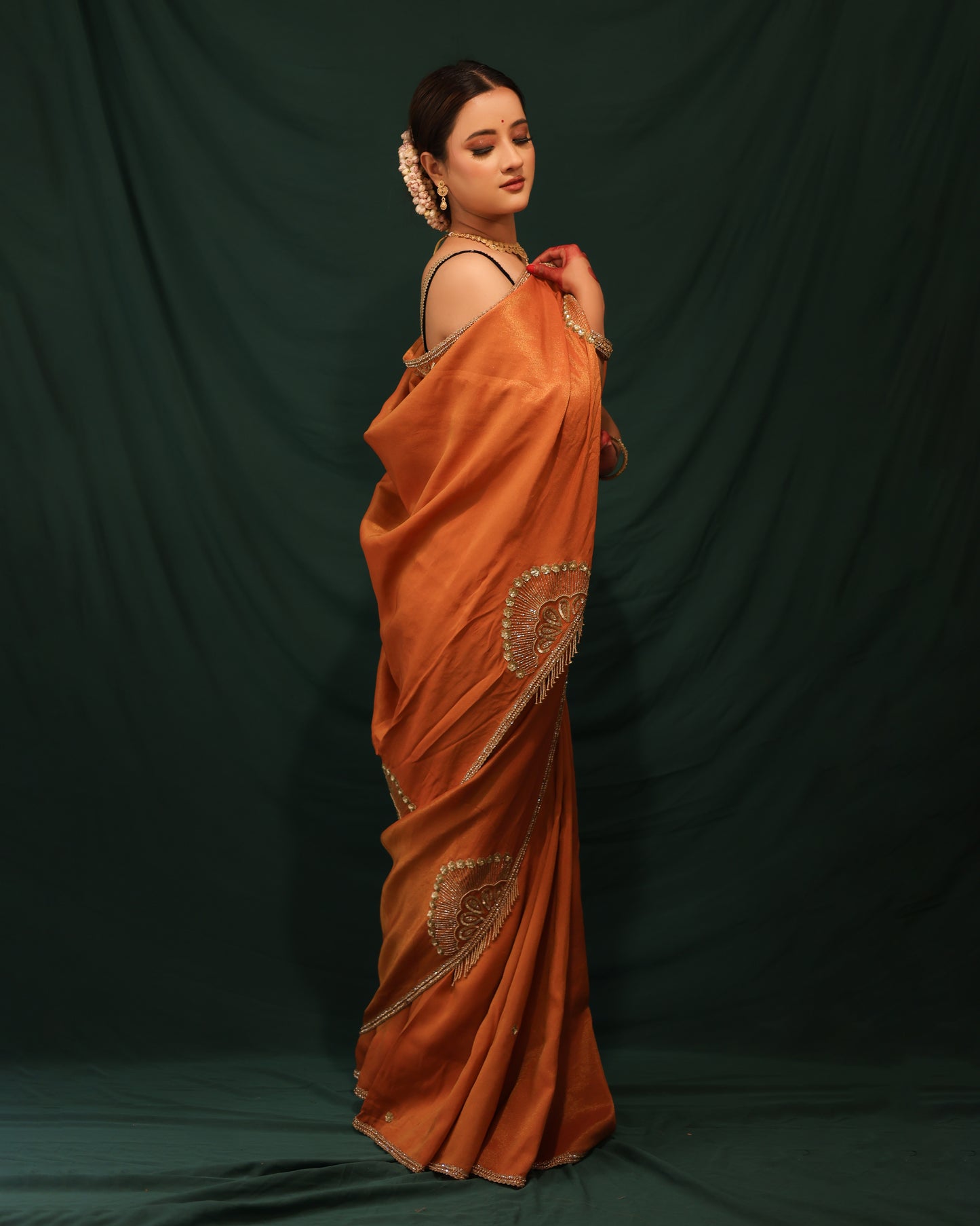 RUST ORANGE SHIMMER GEORGETTE SAREE - JHAROKHA