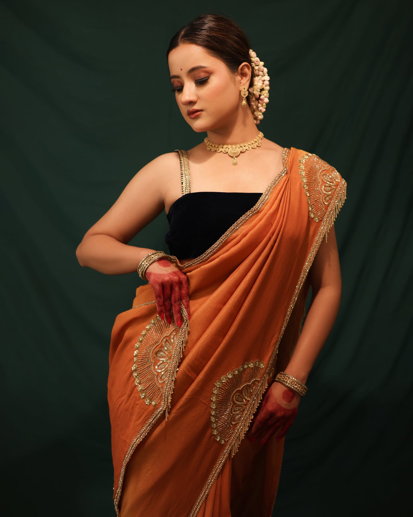 RUST ORANGE SHIMMER GEORGETTE SAREE - JHAROKHA