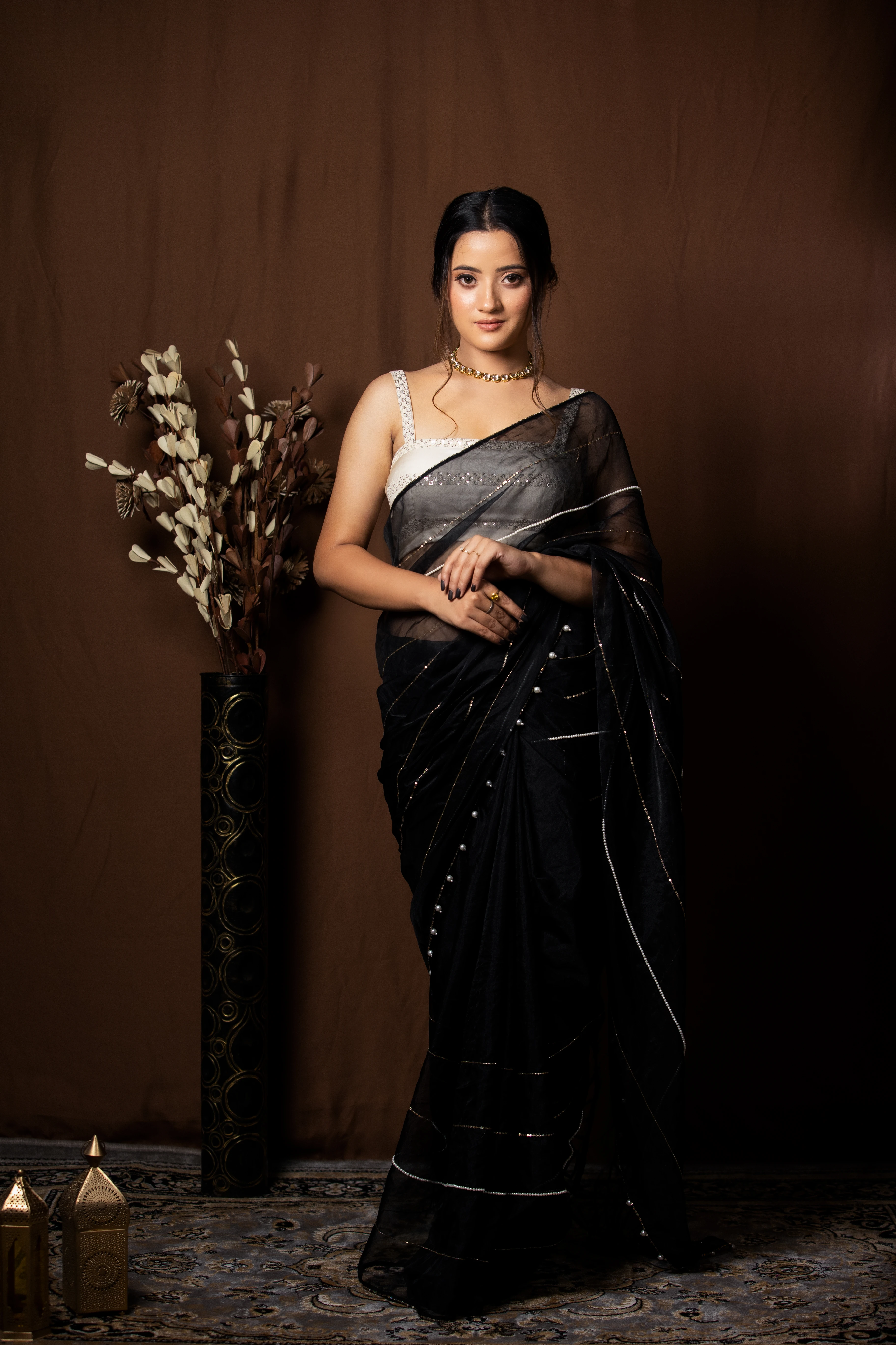 Black Kumud Organza Saree – Sequin Lotus & Pearl Tassel Detailing
